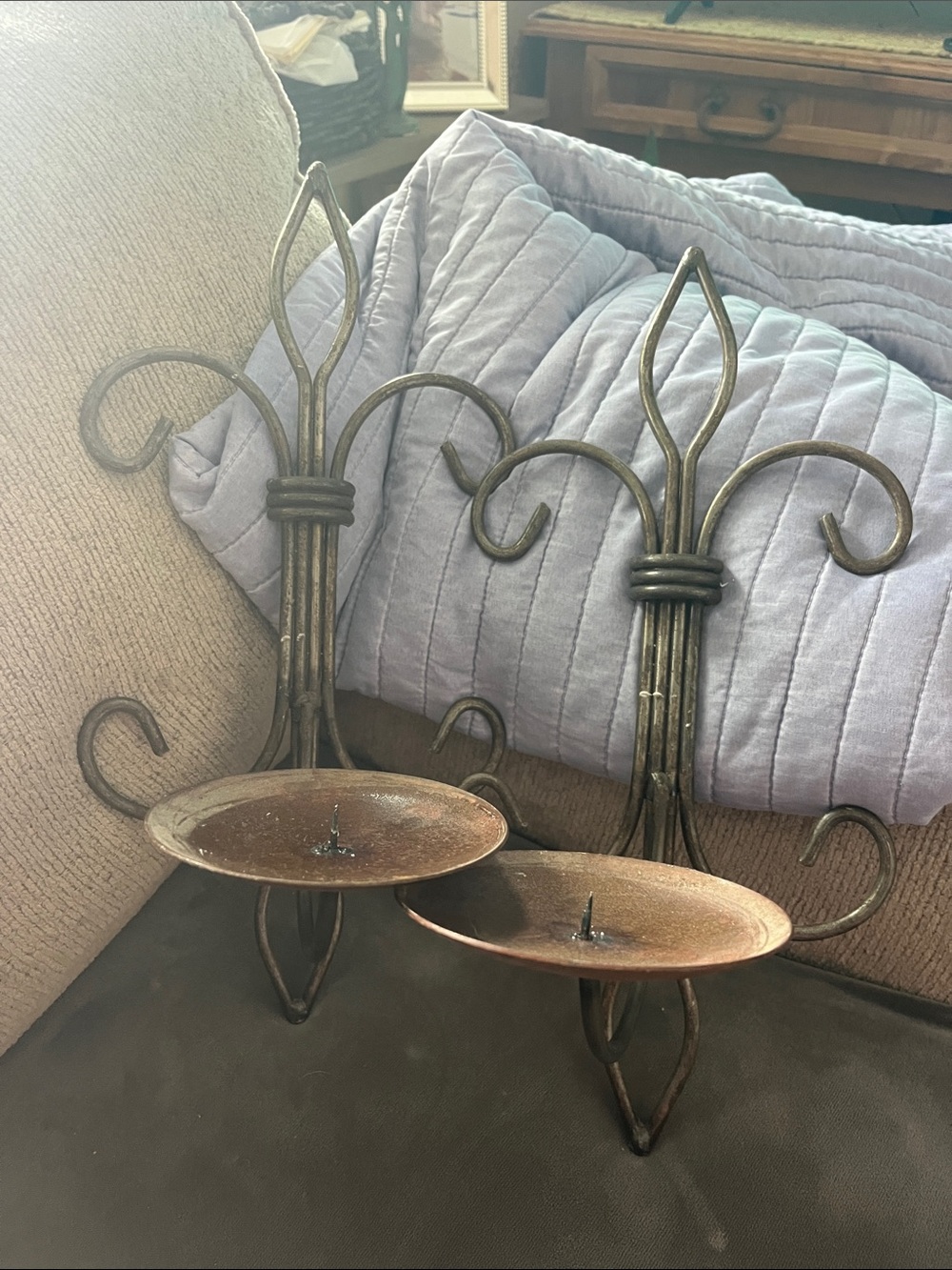 Decorative Metal Wall Candle Sconces in Aged Bronze 15” tall 8” wide